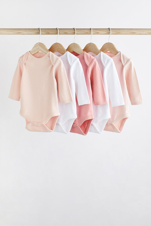 Pink/White 5 Pack 100% Cotton Essential Long Sleeve Baby Bodysuits