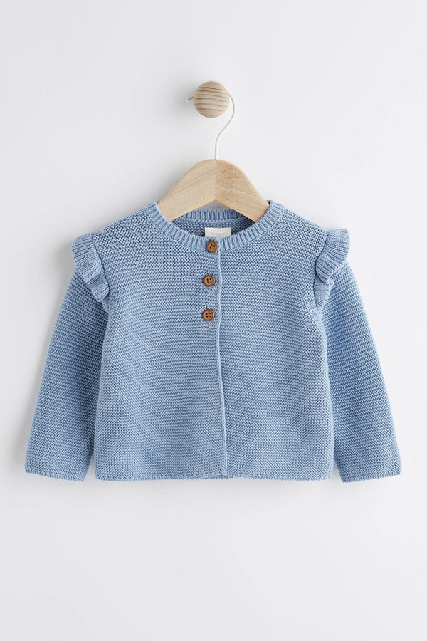 Blue Baby Frill Shoulder Knitted 100% Cotton Cardigan (0mths-2yrs)