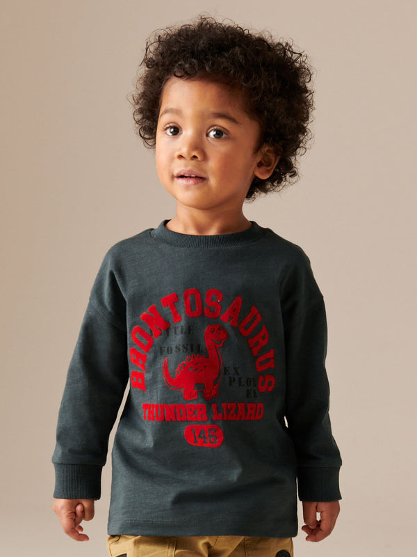 Charcoal Grey 100% Cotton Long Sleeve Varsity T-Shirt (3mths-7yrs)