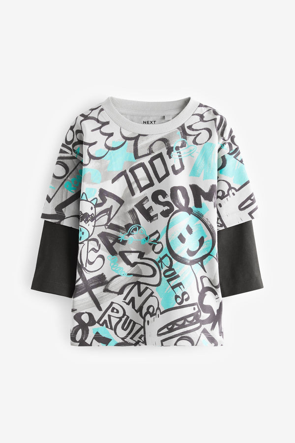 Grey/Blue Skate Sleeve Print Long Sleeve Graffiti 100% Cotton T-Shirt (3mths-7yrs)