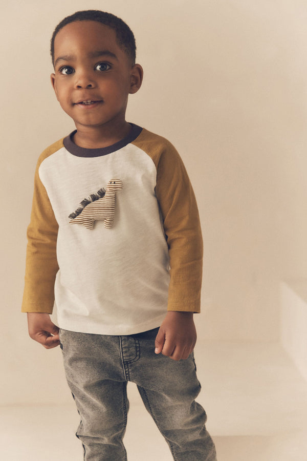 Ochre/Cream Dinosaur 100% Cotton Long Sleeve Character T-Shirt (3mths-7yrs)