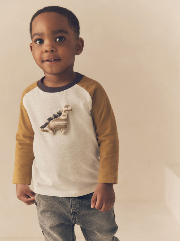 Ochre/Cream Dinosaur 100% Cotton Long Sleeve Character T-Shirt (3mths-7yrs)