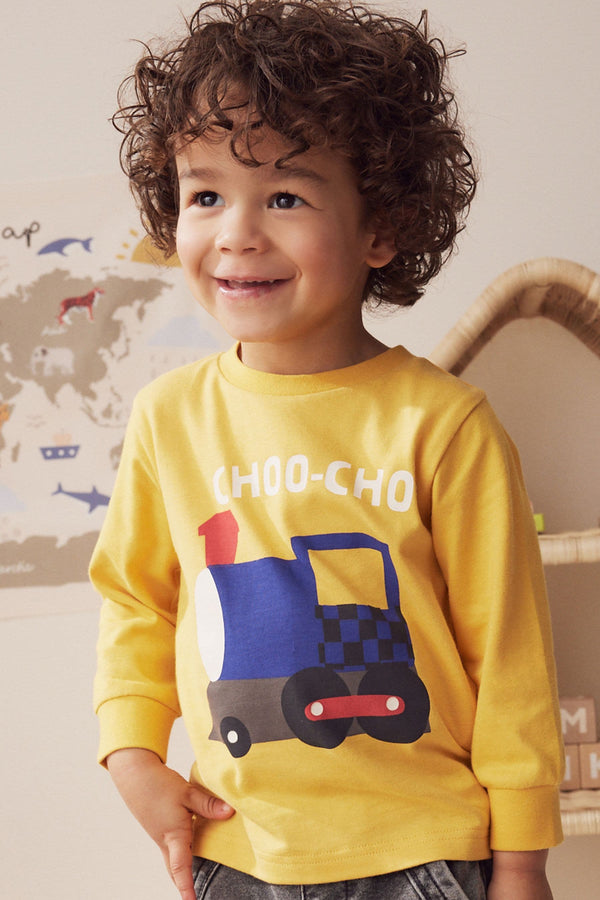 Ochre Yellow Train 100% Cotton Long Sleeve Transport T-Shirt (3mths-7yrs)