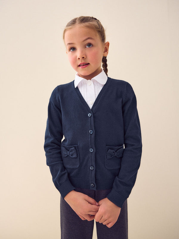 Navy Blue Cotton Rich Bow Pocket School Cardigan (3-16yrs)