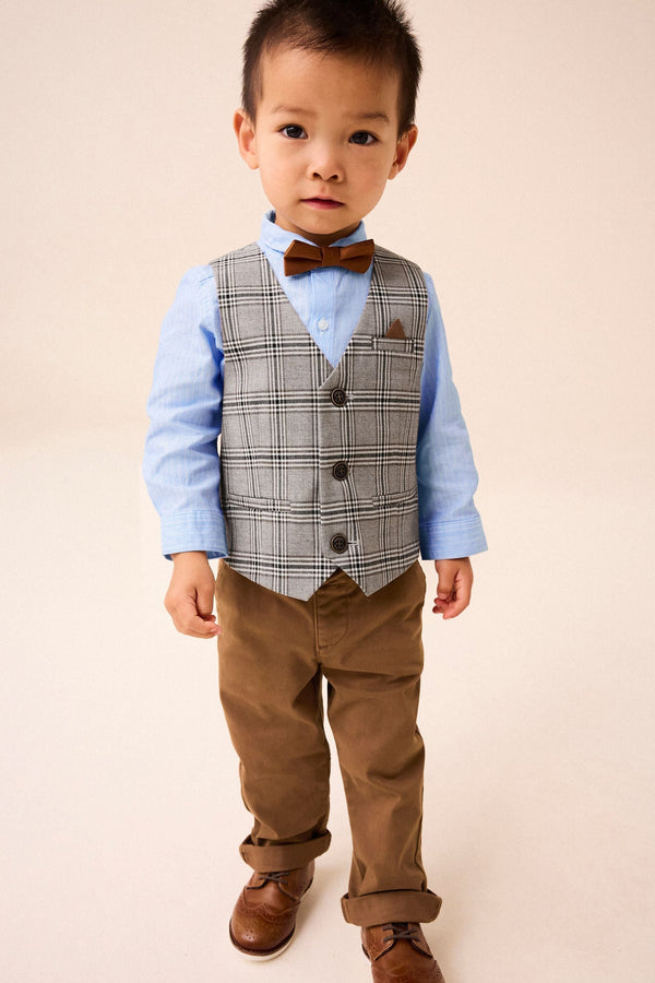 Neutral Check Waistcoat, Shirt, Trousers & Bow Tie Set (3mths-9yrs)