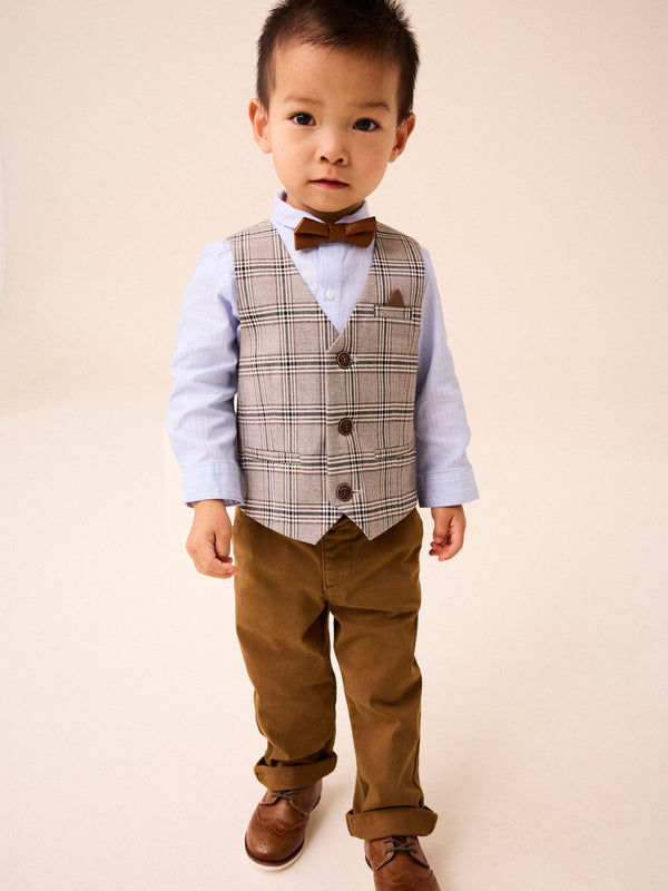 Neutral Check Waistcoat, Shirt, Trousers & Bow Tie Set (3mths-9yrs)