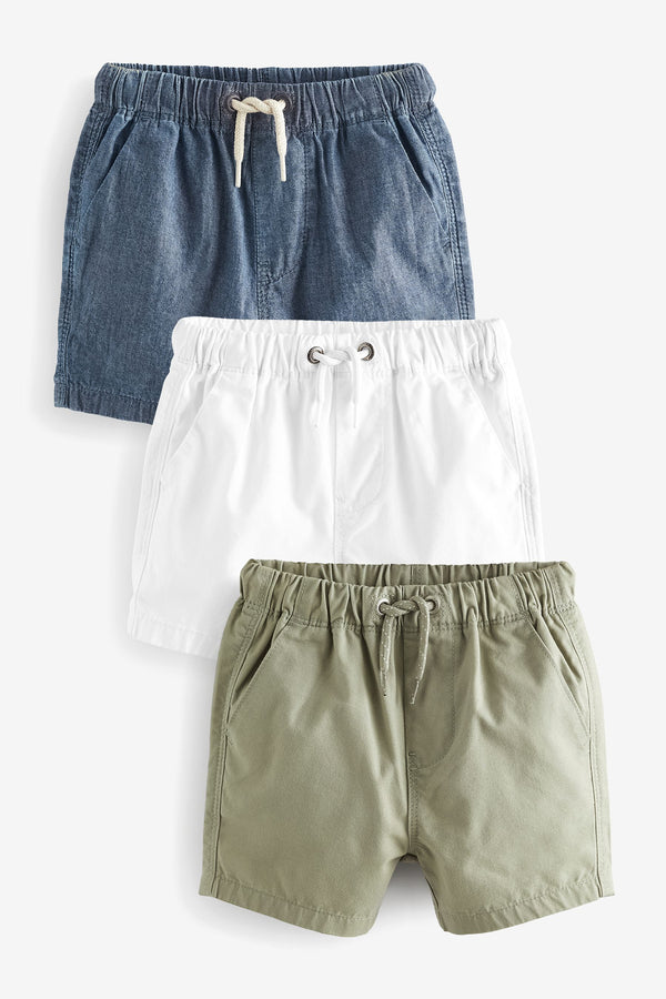 Sage/Chambray/White Pull-On 100% Cotton Shorts 3 Pack (3mths-7yrs)