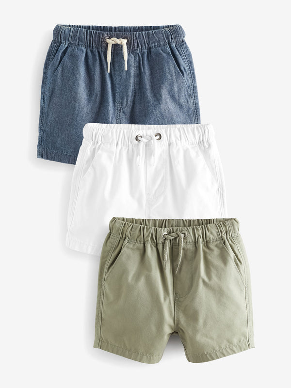 Sage/Chambray/White Pull On 100% Cotton Shorts 3 Pack (3mths-7yrs)