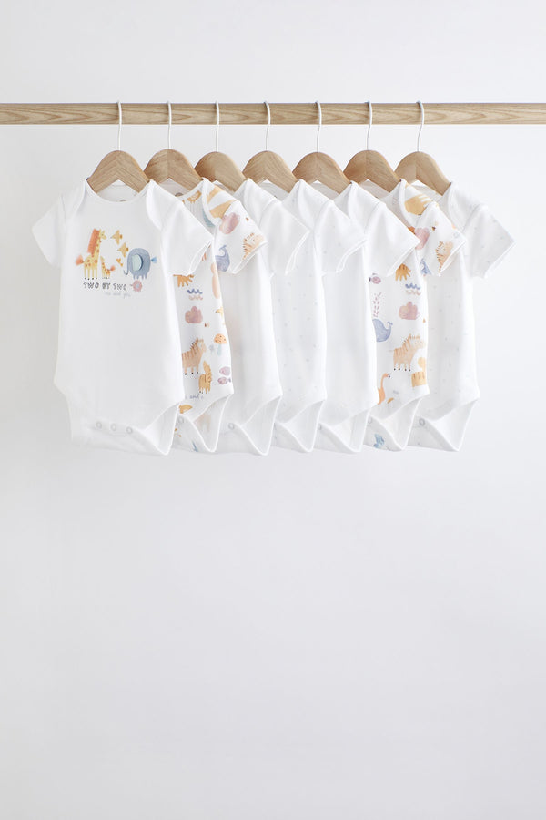 White Noahs Ark Baby Short Sleeve Cotton Bodysuits 7 Pack