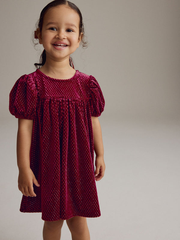 Burgundy Textured Puff Sleeve Velvet Party Dress (3mths-10yrs)