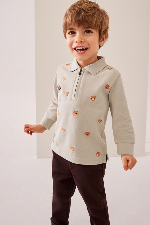 Neutral Bears Long Sleeve 100% Cotton All-Over Embroidered Polo Shirt (3mths-7yrs)