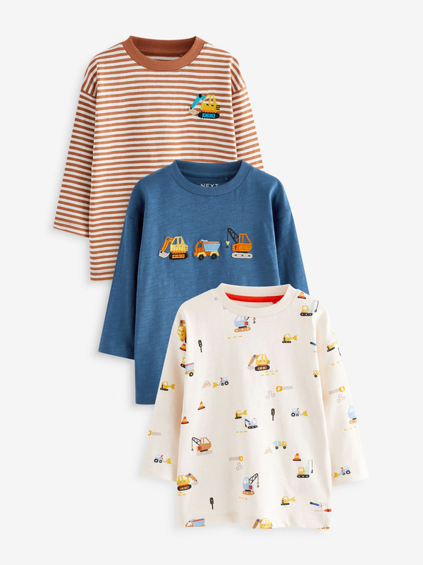 Blue Diggers 100% Cotton Long Sleeve Transport T-Shirts 3 Pack (3mths-7yrs)