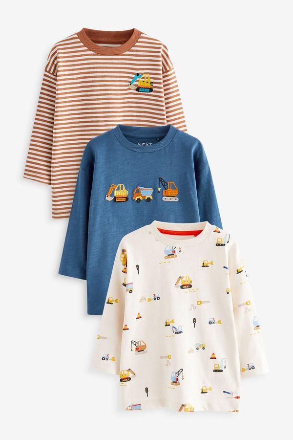 Blue Diggers 100% Cotton Long Sleeve Transport T-Shirts 3 Pack (3mths-7yrs)