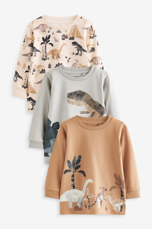 Neutral Dinosaur Long Sleeve Animal Print Character T-Shirts 3 Pack (3mths-7yrs)