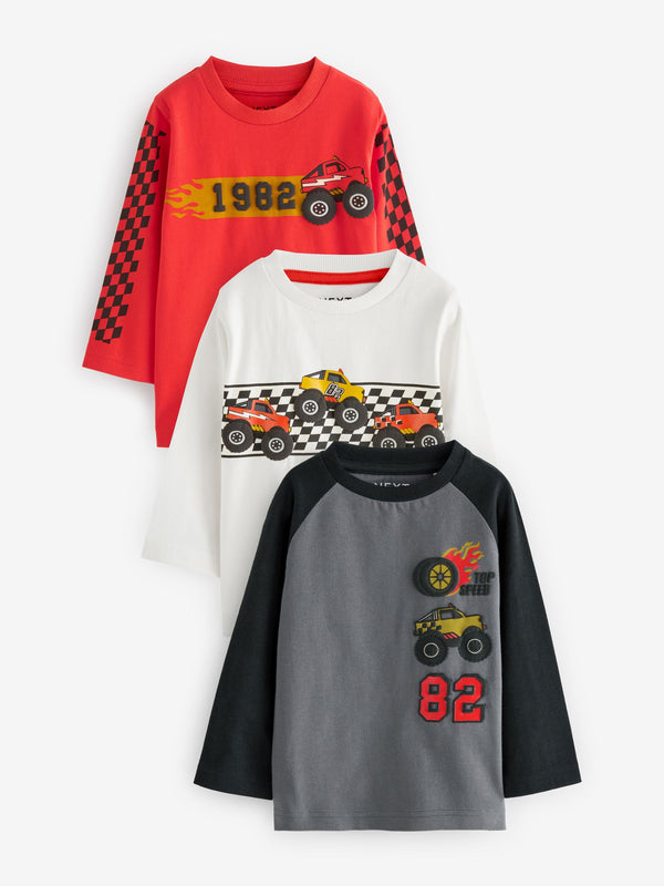 Black/White/Red Long Sleeve Transport T-Shirts 3 Pack (3mths-7yrs)
