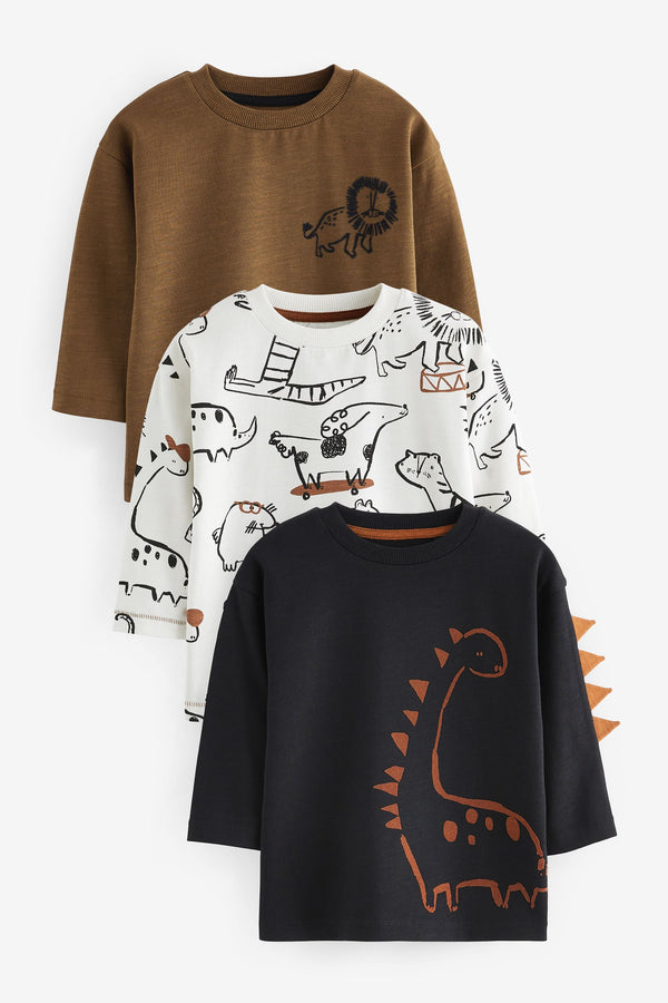 Brown/White Dinosaur 100% Cotton Long Sleeve Animal Print Character T-Shirts 3 Pack (3mths-7yrs)