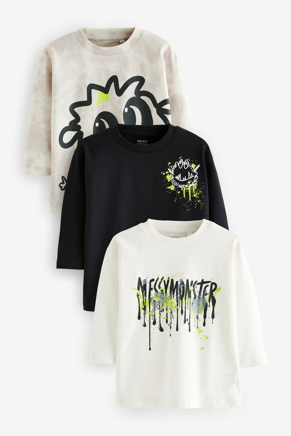 Monochrome Monsters Long Sleeve T-Shirts 3 Pack (3mths-7yrs)