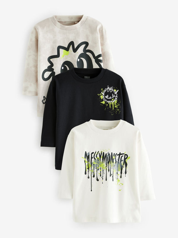 Monochrome Monsters 100% Cotton Long Sleeve T-Shirts 3 Pack (3mths-7yrs)