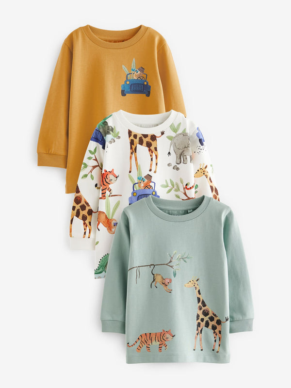 Blue/Yellow Safari Long Sleeve Animal Print Character T-Shirts 3 Pack (3mths-7yrs)