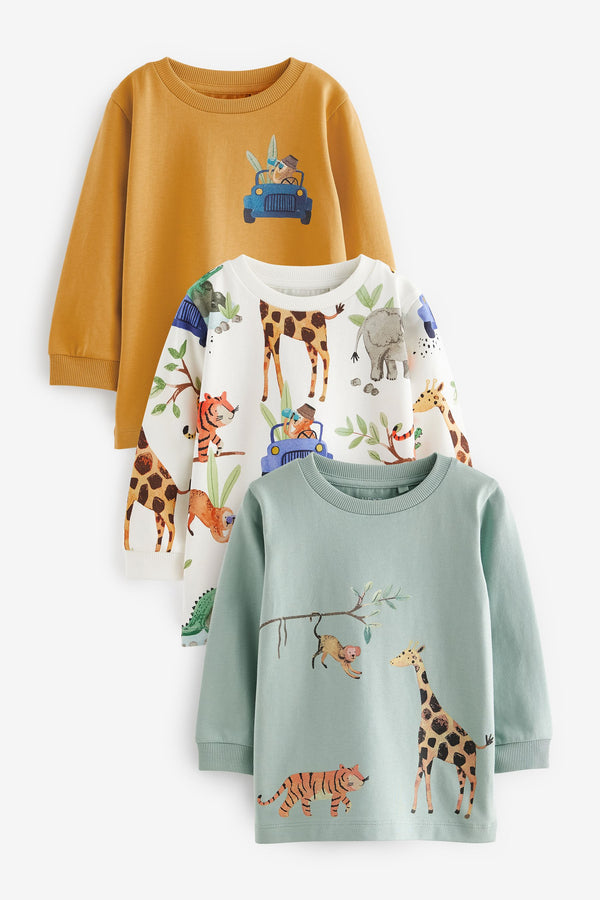 Blue/Yellow Safari 100% Cotton Long Sleeve Animal Print Character T-Shirts 3 Pack (3mths-7yrs)