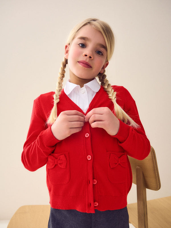 Red Cotton Rich Bow Pocket School Cardigan (3-16yrs)
