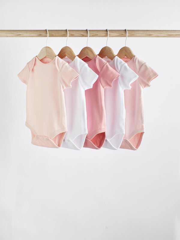 Pink/White 5 Pack Essential Short Sleeve Baby Bodysuits