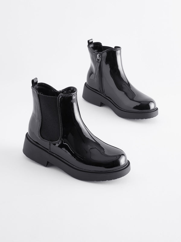 Black Patent Wide Fit (G) Chunky Chelsea Ankle Boots