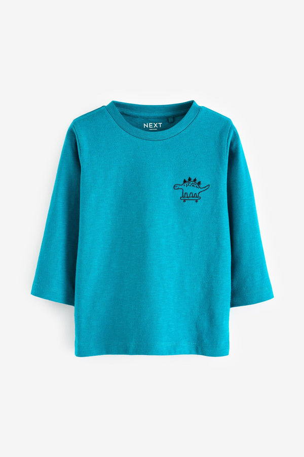 Turquoise Blue Dino 100% Cotton Long Sleeves Semi Plain T-Shirt (3mths-7yrs)