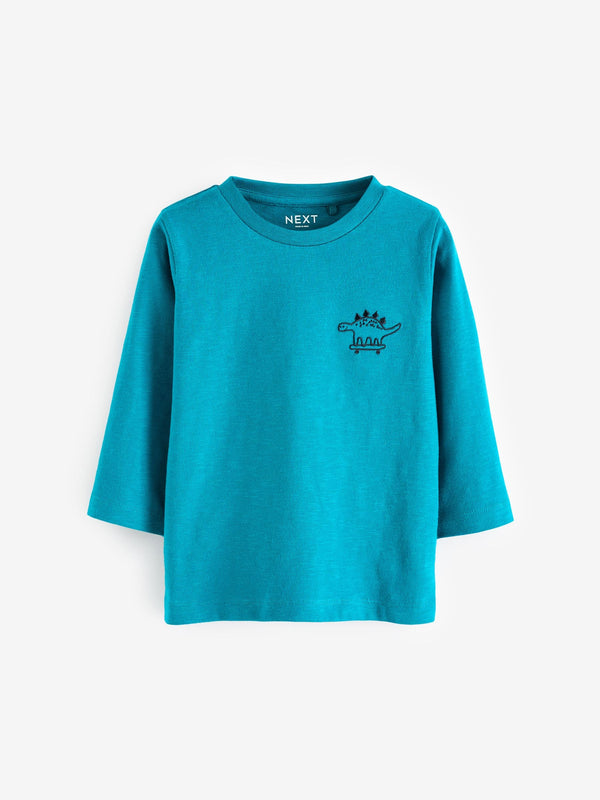 Turquoise Blue Dino 100% Cotton Long Sleeves Semi Plain T-Shirt (3mths-7yrs)