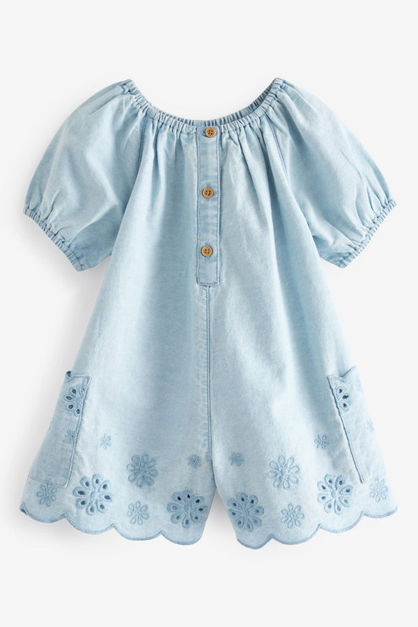 Denim 100% Cotton Broderie Playsuit (3mths-7yrs)