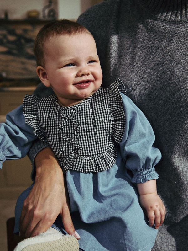 Denim/Gingham Tabbard Woven 100% Cotton Dress and Tights Set (0mths-2yrs)