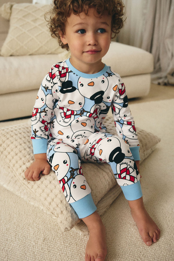 Blue Snowman 100% Cotton Single Christmas Pyjamas (9mths-12yrs)