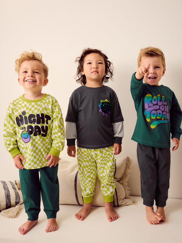 Black/Green/ Citrine Yello Checkerboard 3 Pack Snuggle 100% Cotton Pyjamas (9mths-10yrs)