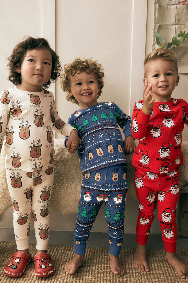 Red/Navy/Ecru 3 Pack Christmas Character 100% Cotton Pyjamas (9mths-10yrs)