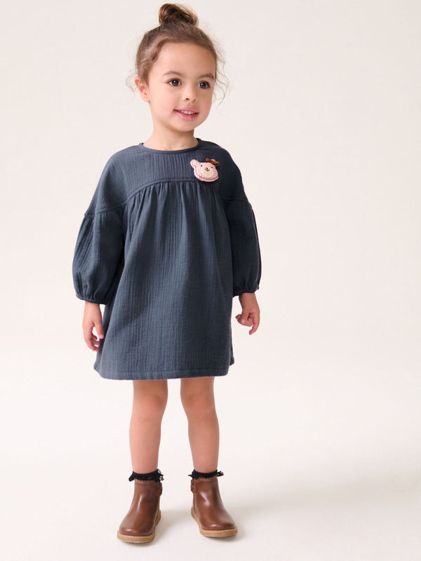 Navy Blue Bear Character Textured 100% Cotton Dress (3mths-8yrs)