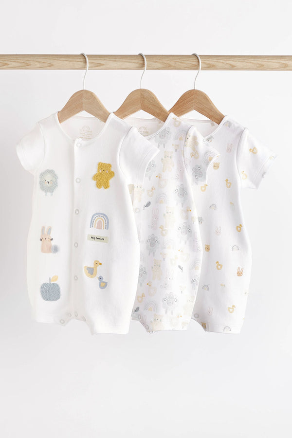 White Farmyard Baby 100% Cotton Rompers 3 Pack (0mths-2yrs)