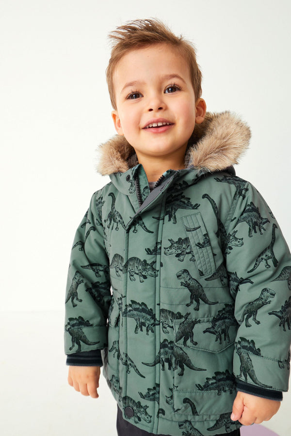 Sage Green Dinosaur Shower Resistant Faux Fur Parka Coat (3mths-7yrs)