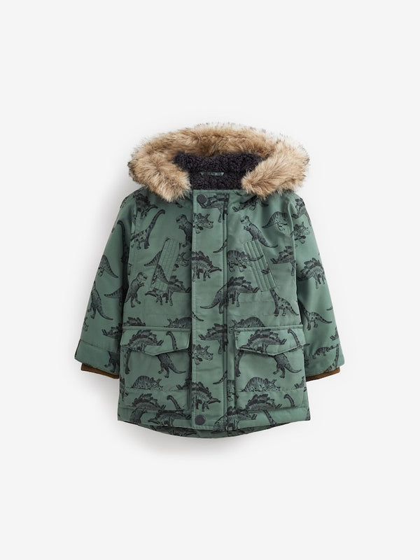 Sage Green Dinosaur Shower Resistant Faux Fur Parka immediate (immediate)