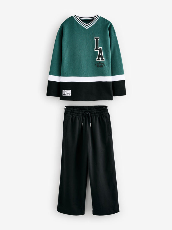 Green/Black Varisty Long Sleeve 100% Cotton T-Shirt and Joggers Set (3-16yrs)