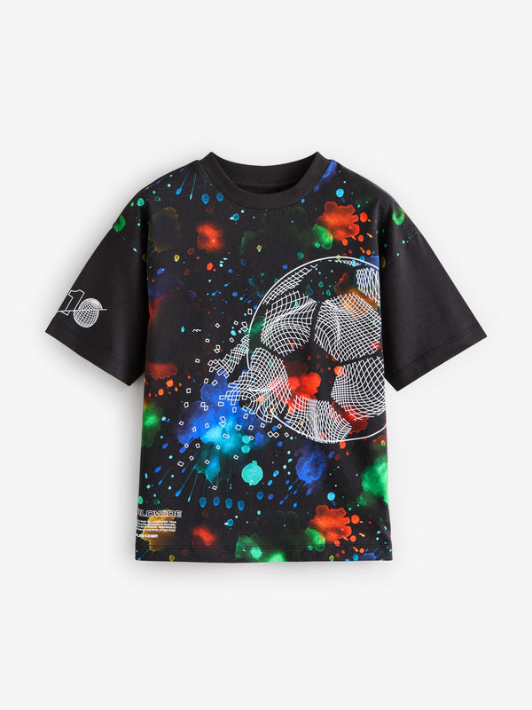 Black Football Relaxed Fit Short Sleeve Graphic Print T-Shirt (3-16yrs)