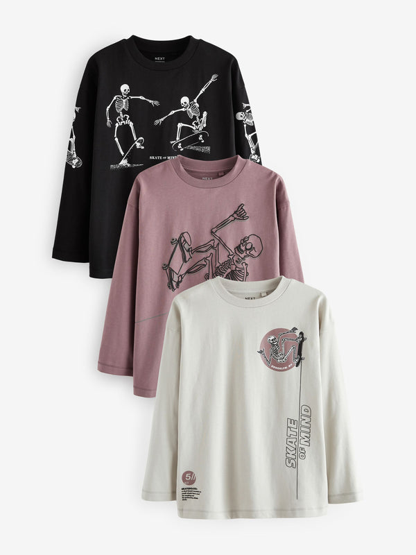 Purple/Stone/Black Skeleton Relaxed Fit Graphic Print Long Sleeve T-Shirts 3 Pack (3-16yrs)