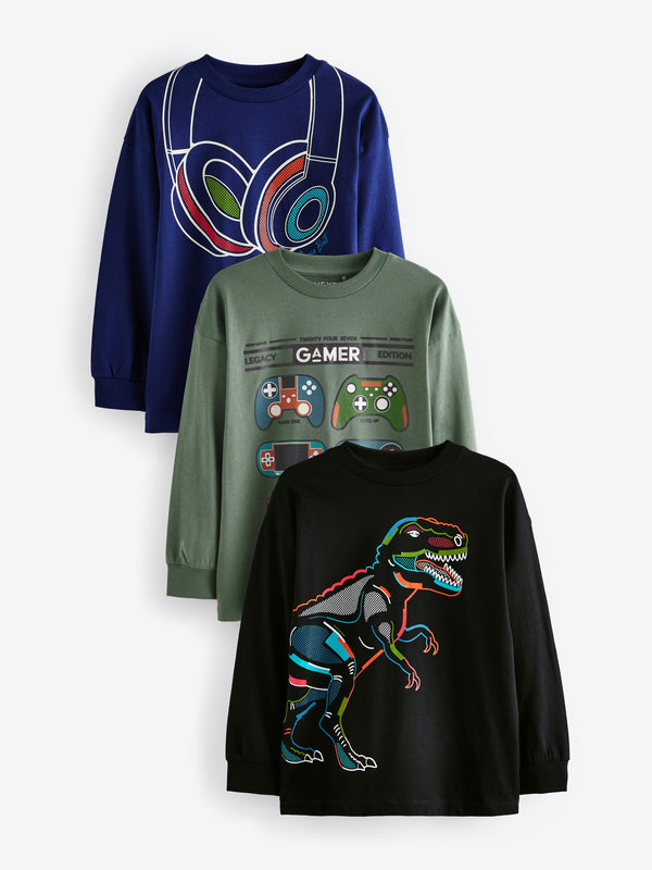 Green/Blue Gaming Relaxed Fit Graphic Print Long Sleeve T-Shirts 3 Pack (3-16yrs)