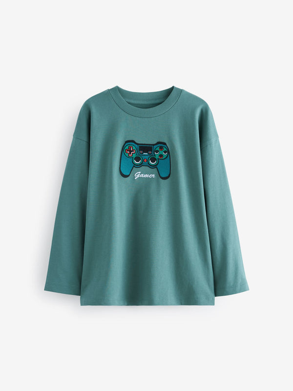 Green Controller Embroidery Relaxed Fit Long Sleeve Graphic T-Shirt (3-16yrs)