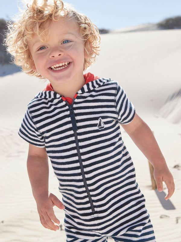 Navy Stripe Towelling All-In-One (3mths-7yrs)