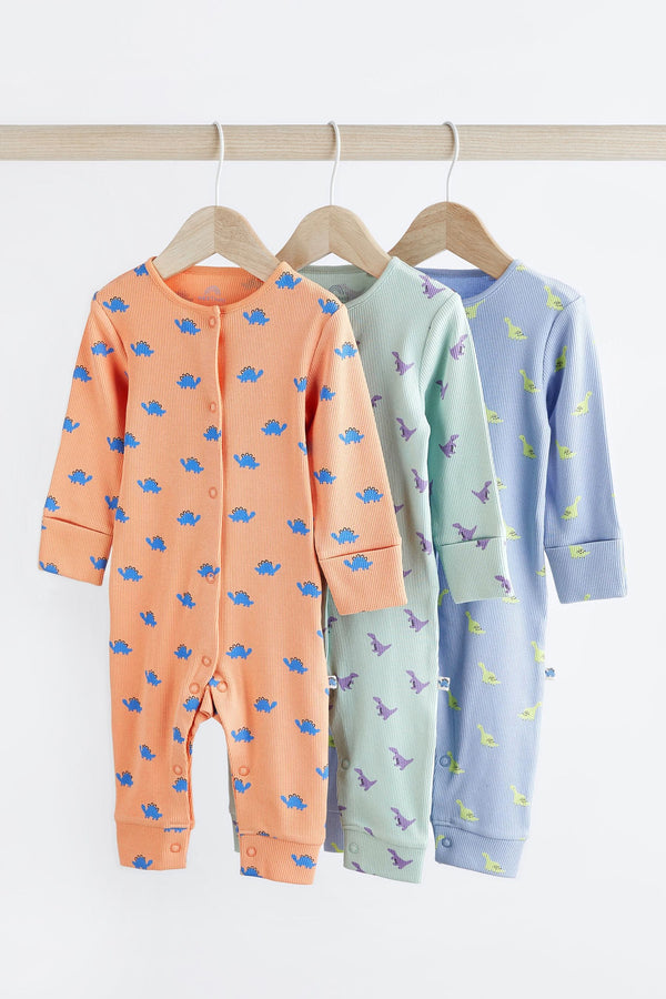 Orange/Blue Dino Baby Printed 100% Cotton Sleepsuits 3 Pack (0mths-3yrs)