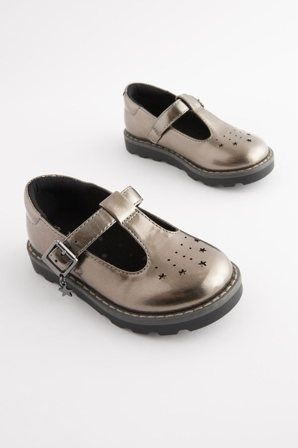 Silver Wide Fit (G) T-Bar Adjustable Buckle Shoes