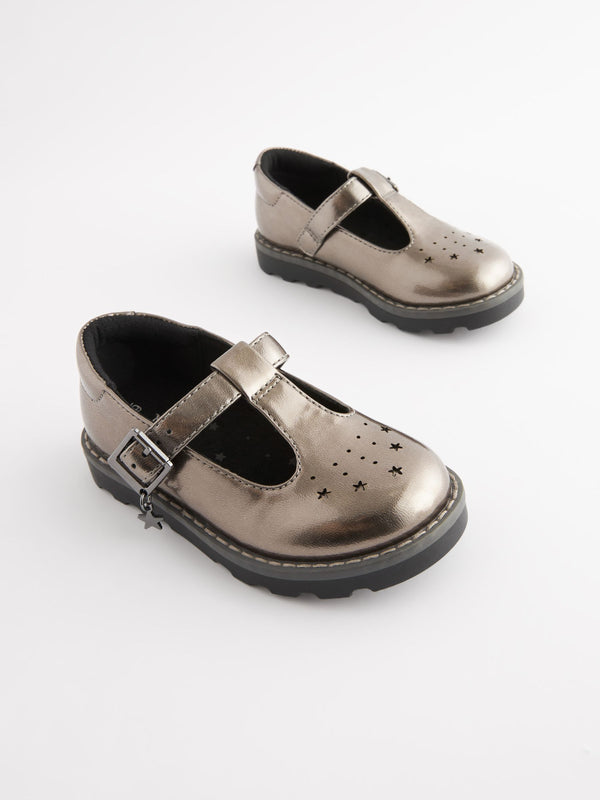 Silver Wide Fit (G) T-Bar Adjustable Buckle Shoes