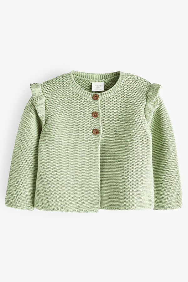 Sage Green Baby Frill Shoulder Knitted 100% Cotton Cardigan (0mths-2yrs)