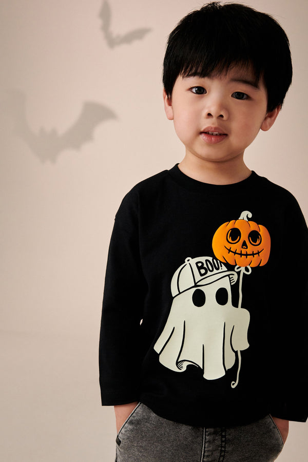 Black Ghost Halloween 100% Cotton Long Sleeve T-Shirt (3mths-7yrs)