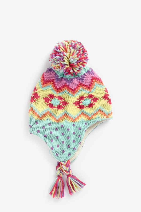 Aqua/Pink Bright Fairisle Knit Trapper Hat (3mths-13yrs)